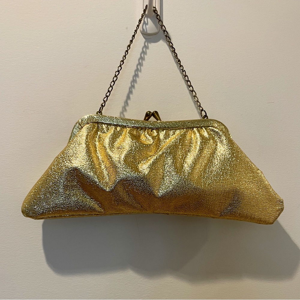 Vintage 50s Gold Lame Top Handle Chain Strap Kiss Lock Handbag